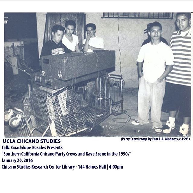 ~ SEE YOU ON WEDNESDAY ~ (for more info- link in bio) - Guadalupe/ @veteranas_and_rucas 
ARCHIVE TALK: Guadalupe Rosales presents “Southern California Chicano Party Crews and Rave Scene in the 1990s”
Wednesday, January 20, 4:00-6:00 p.m.
144 Haines Hall 
Guadalupe  Rosales’s collection at the Chicano Studies Research Center consists of ephemera and memorabilia that highlight the Chicana/o underground party crews and rave scenes of Los Angeles during the 1980s and 1990s. Disempowered and criminalized by the public school system and mainstream media, party crews allowed youth to engage in resistant cultural practices and to create underground communities. Techno, house, new wave, and KROQ music provided the soundtrack for these parties, which took place in residential backyards and industrial warehouses throughout the Los Angeles area and in Sacramento, San Diego, Orange County, and other areas in the U.S. Southwest as well. 
After Rosales’s presentation, a panel will discuss how the collection highlights the ways in which party crews created a culturally relevant and self-reflective space. Panelists will include Rosales, former party crew members, and other special guests. Sandra Ruiz, a visiting lecturer in the departments of Chicana/o studies at UCLA, will moderate the discussion. A reception will follow the event.

This event is open (no RSVP required) and free to the public. 
We encourage you to wear or bring your old school party crew gear and represent!
#LAPartyCrews #CSRC @ucla_csrc