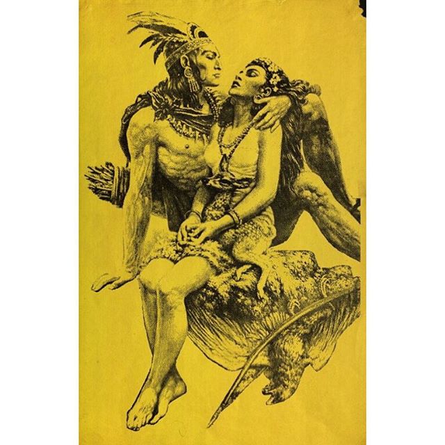 Collection: Carmen Sandoval Fernandez Poster Collection • A yellow poster depicting a relaxed Meso-American man holding a woman whose eyes are closed. She is holding a small deer, and possibly represents Nature. The man is wearing traditional Aztec clothing. • more info and digital collections at San Diego State University Library and Information Access: http://ibase.sdsu.edu 🙏✨ def worth checking out website for more archives 🌹