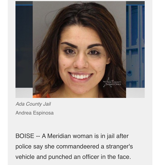 G of the day 👊🐷. Andrea Espinosa flashed her pearly whites for her mugshot early Saturday morning, despite racking up several felony charges for allegedly punching a police officer in the face and kneeing him in the thigh. Espinosa, 25, was booked on suspicion of assaulting an officer and resisting arrest after she tried to flee in a stranger's car. 😁✨. " the war shouldn't stop
Until these motherfuckin cops body rott (body rott)"- bone thugs